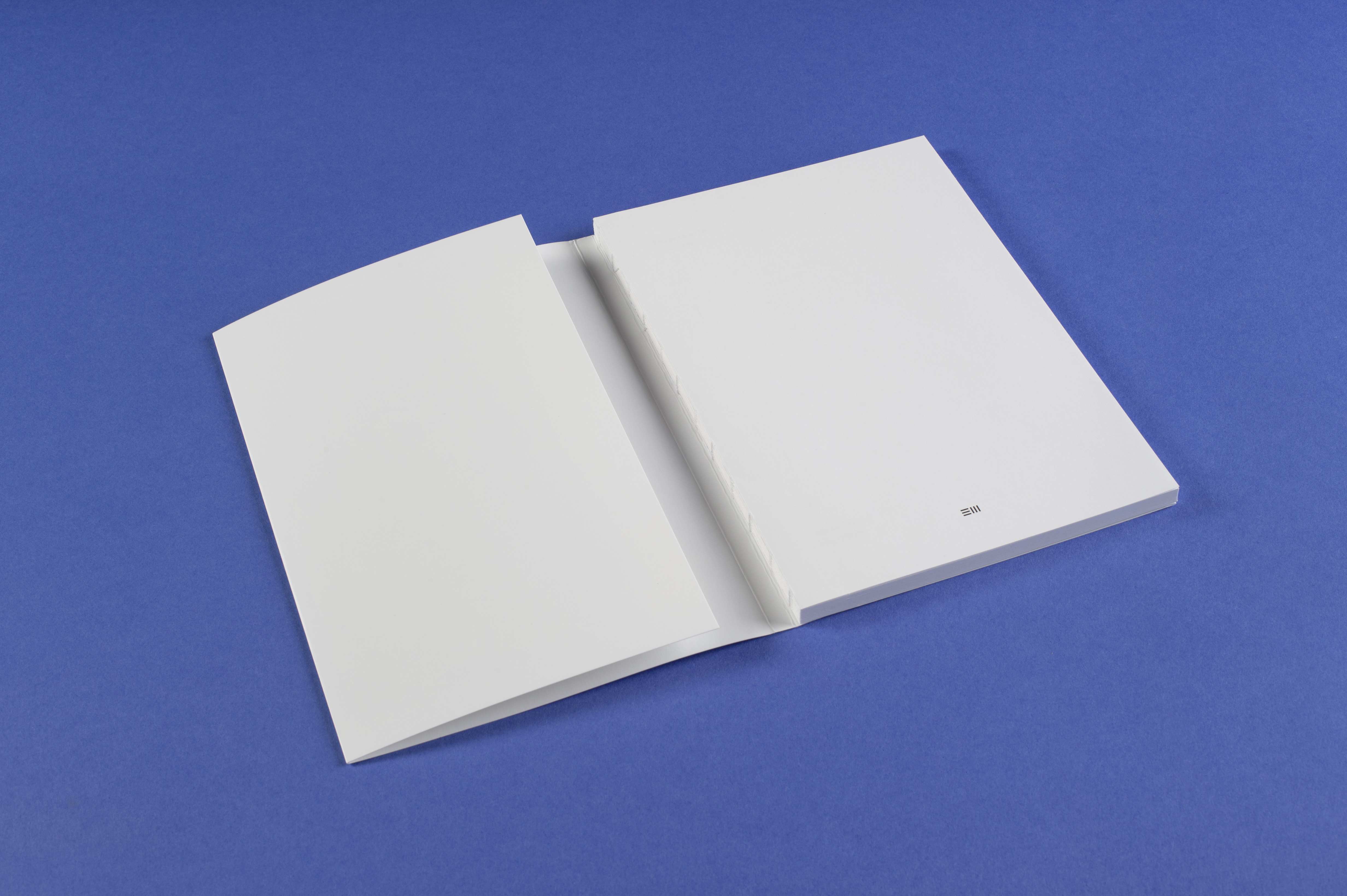 Photo of the open book on a blue background. You can see the spine with the thread binding and the elle-même publishing house logo.